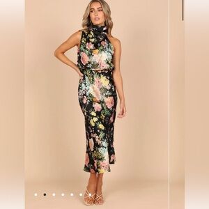 Petal and Pup : ANABELLE HALTER NECK MIDI DRESS - BLACK FLORAL